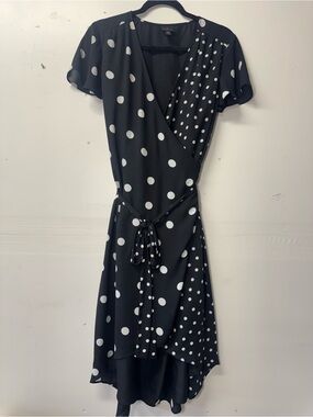 Worthington Black and White Polka Dot High-Low Wrap Dress flutter sleeve
